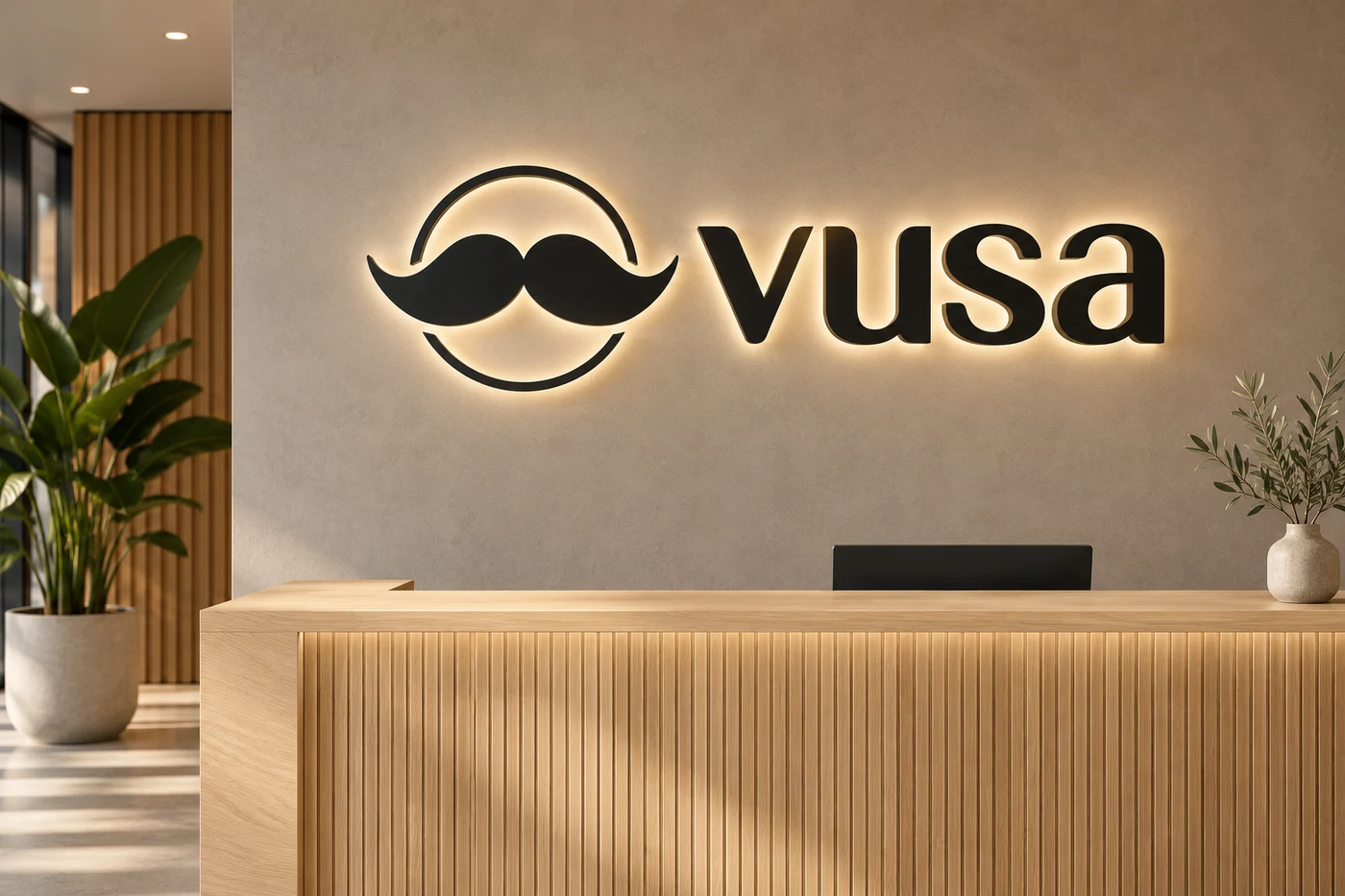 Logo VUSA z podświetleniem na ścianie recepcji
