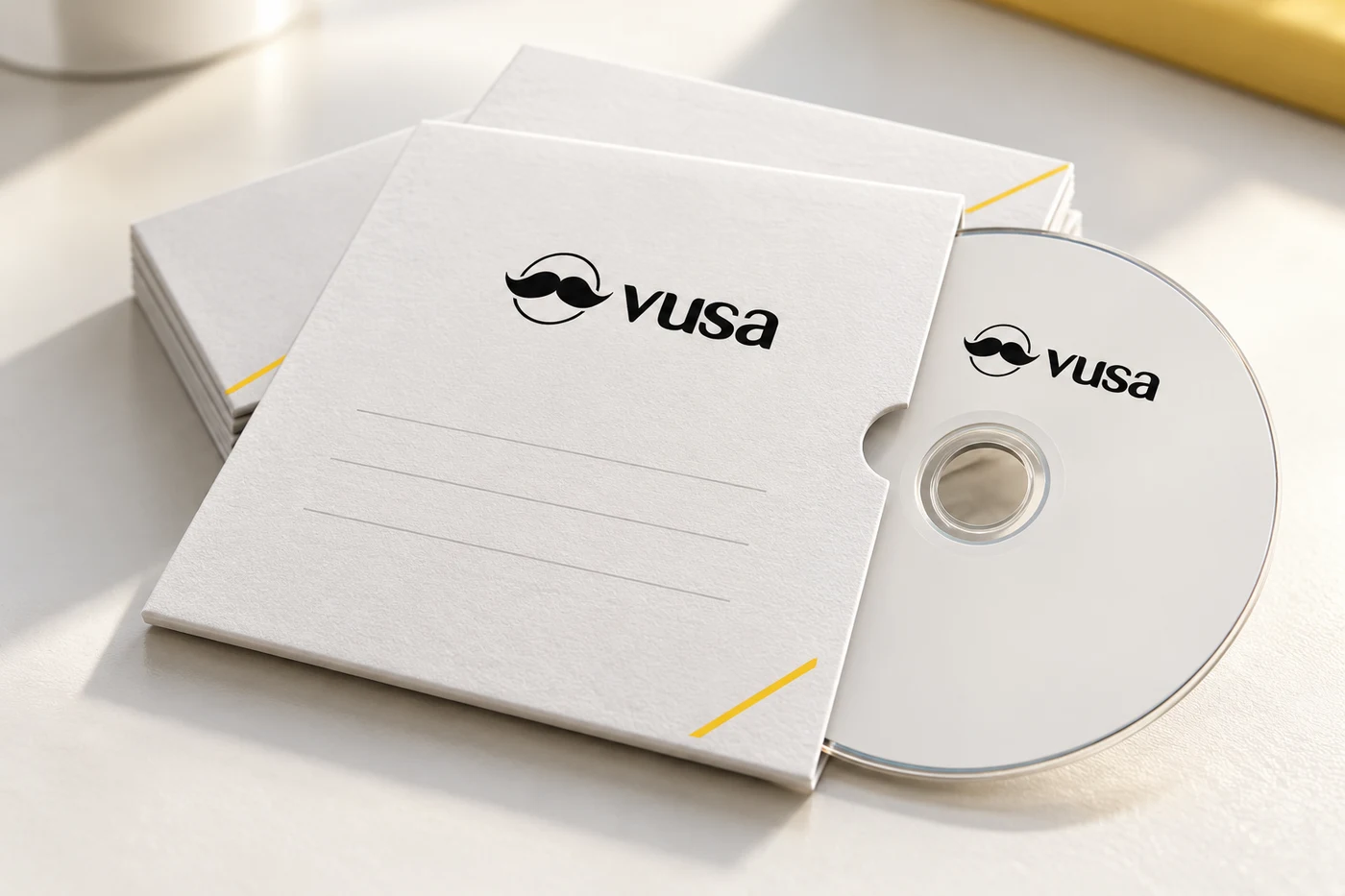 Detal nadruku VUSA na płycie CD/DVD i kopercie