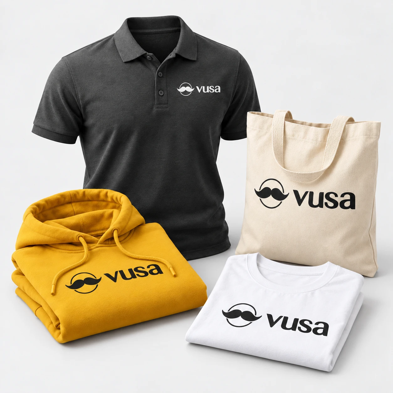 Odzież i torba z białym lub czarnym logo VUSA bez sloganu