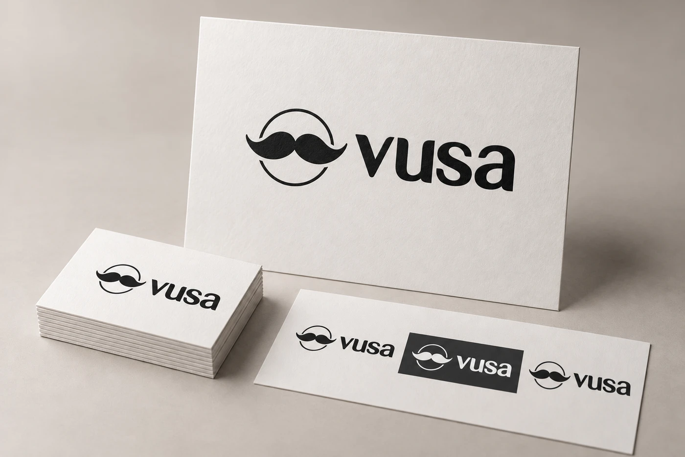 Logo VUSA bez sloganu na materiałach papierowych w wersji czarnej i białej