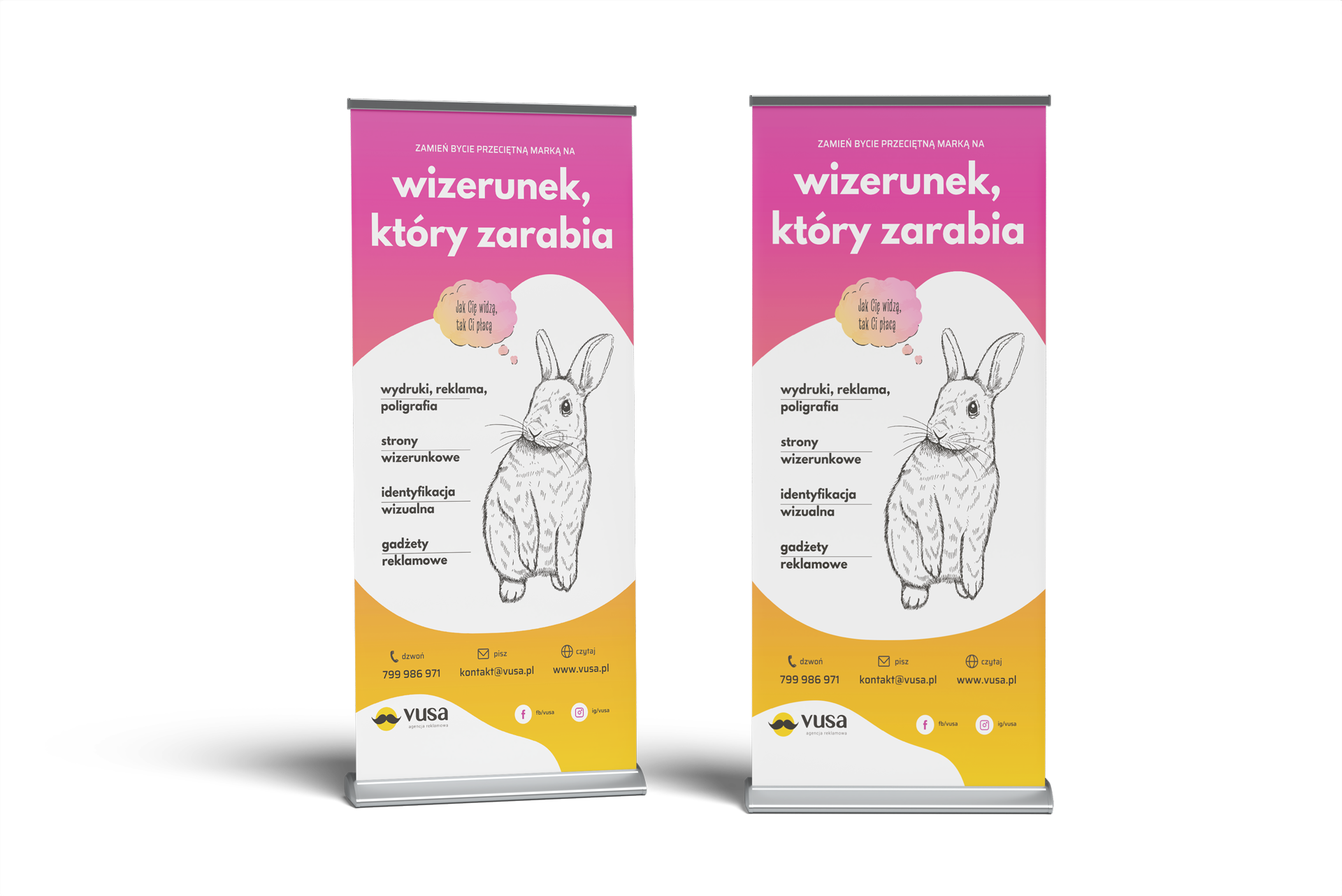 Dwa roll-upy reklamowe VUSA z grafiką